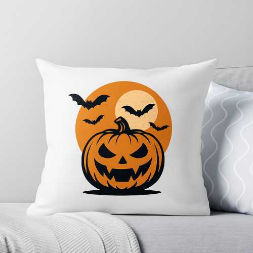 dużą dynią (jack-o’-lantern), z której wylatują nietoperze na tle księżyca