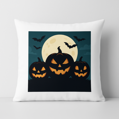 z trzema upiornymi dyniami (jack-o’-lanterns), księżycem i nietoperzami w tle