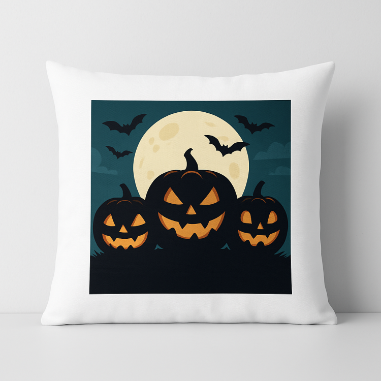 z trzema upiornymi dyniami (jack-o’-lanterns), księżycem i nietoperzami w tle